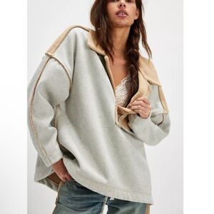 Free People Structured Polo Sweatshirt Top Long Sleeve Oversized Tan